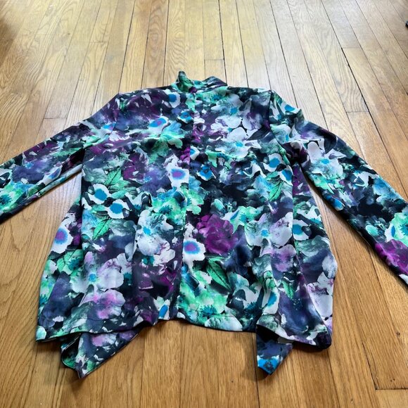 ASTR Size L NEW Black Multicolor Floral Open Front Long Sleeve Sheer Blazer - Picture 11 of 14